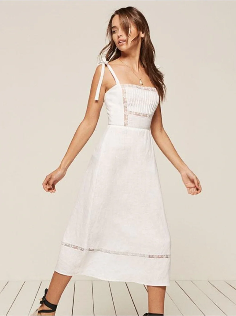 Reformation White Linen Midi Dress with Lace Trimmed Neckline - Picture 2 of 11